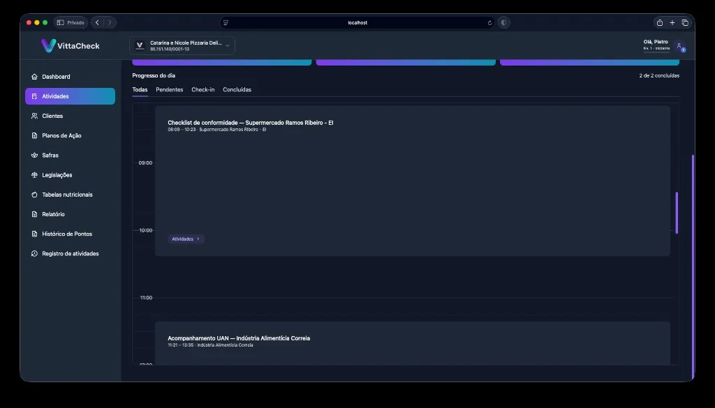 Timeline de atividades diárias no VittaCheck