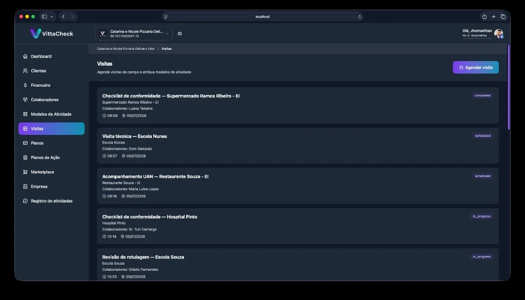 Lista de visitas técnicas agendadas no VittaCheck