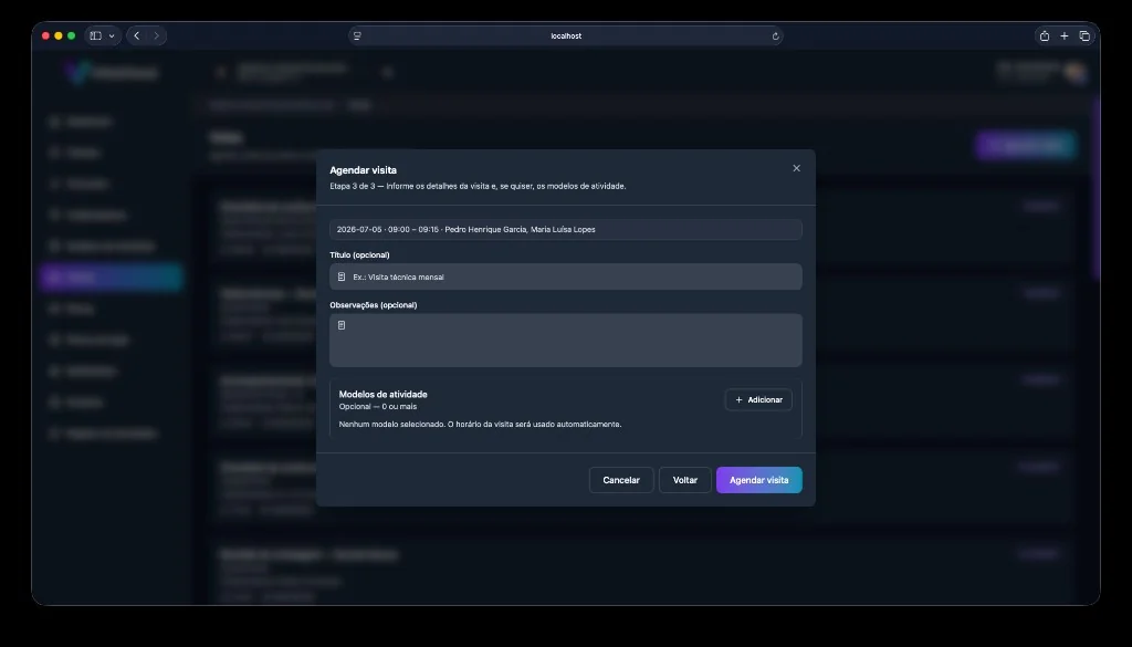 Modal de agendamento de visita técnica no VittaCheck
