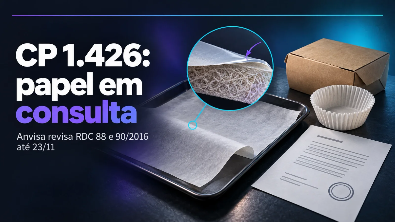 Capa: papel-manteiga em corte mostrando a camada de revestimento, ao lado de forminha de papel, caixa de delivery e documento em consulta