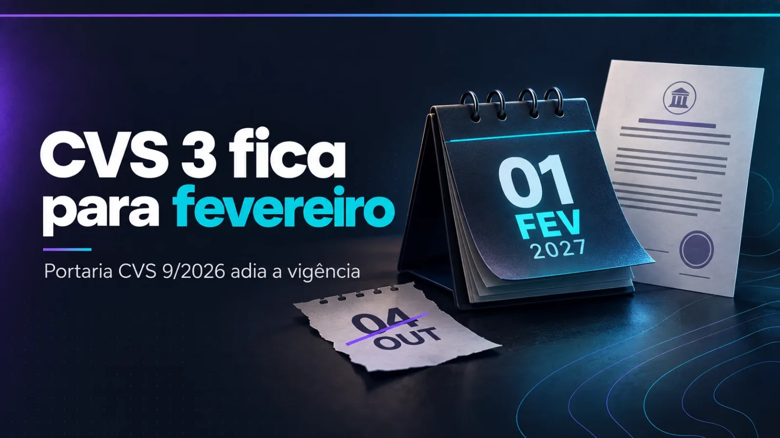 Capa: calendário virado para 01 de fevereiro de 2027, com a folha de 04 de outubro riscada ao lado